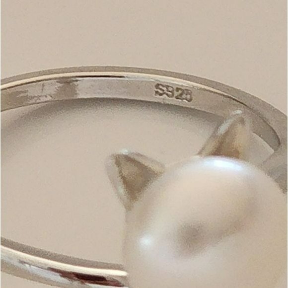 New 925S Silver‎ Real 8mm Cultured Freshwater Pearl Cat Shape Ring - Adjustable - Picture 6 of 15